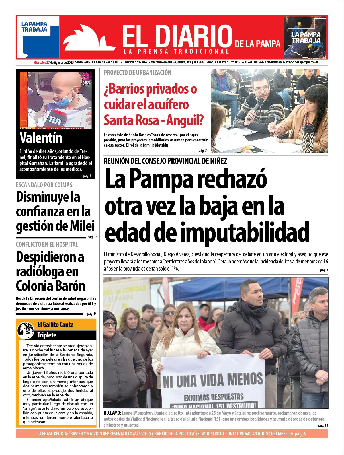 Tapa de El Diario en papel  mieacutercoles 27 de agosto de 2025